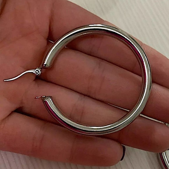 NEW STAINLESS STEEL THICK HOOP EARRINGS 60mm - Picture 2 of 7